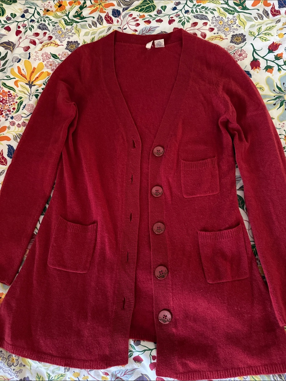 Moth Deep Red Cashmere Button-Front Pocket Cardigan